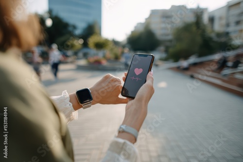 Wallpaper Mural Closeup of woman hand holding smartphone displaying heart symbol, showcasing smartwatch her wrist. scene captures vibrant outdoor setting with people background, evoking sense of connection Torontodigital.ca