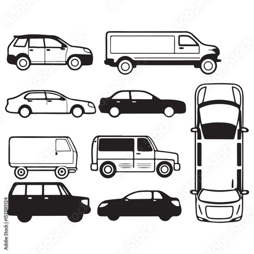 Vehicle elevation and top view vector flat illustration collection ideal for architectural design vector
