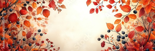 Autumn leaves and berries in warm tones framing textured background with space in center for seasonal or festive text Generative AI