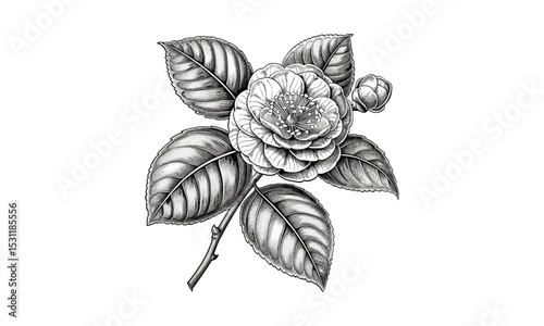 Camellia Oleifera Flower Engraving Vector Illustration, floral design, nature illustration, botanical vector, hand-drawn flowers, classic floral art, vintage botanical style.