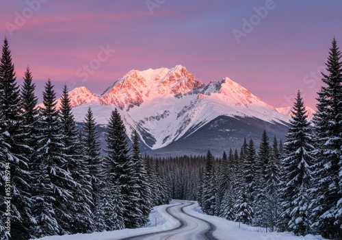Road leads to snow capped mountain at sunset through evergreen forest