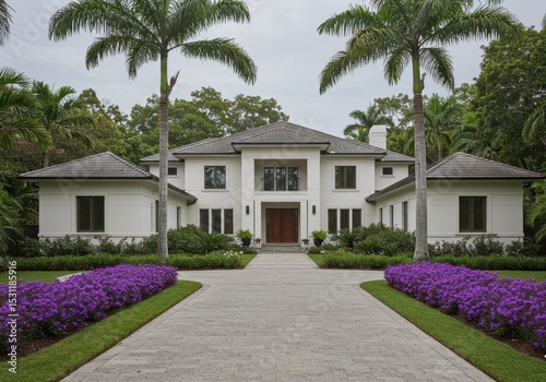 Luxury home exterior with palm trees and purple flowers lining the driveway