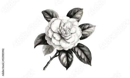 Vintage Camellia Oleifera Flower Vector Illustration, botanical art, floral engraving, nature drawing, detailed flowers, traditional style, decorative illustration, plant vector.