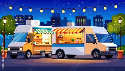 Food truck local food urban concept. Food trucks illuminated at night in a city setting.