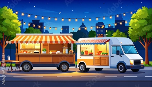 Food truck local food urban concept. Food trucks lined up at night with string lights and urban backdrop.