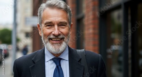 Smiling mature businessman in suit standing on city street with brick building