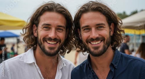 Identical twins smiling outdoors with beach background and wearing casual shirts