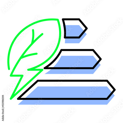 Colorful icons showing leaves and stacks of energy bars, symbolizing sustainable, renewable energy and energy efficiency.