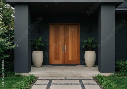 Modern home entrance with wooden double doors and potted plants flanking the doorway