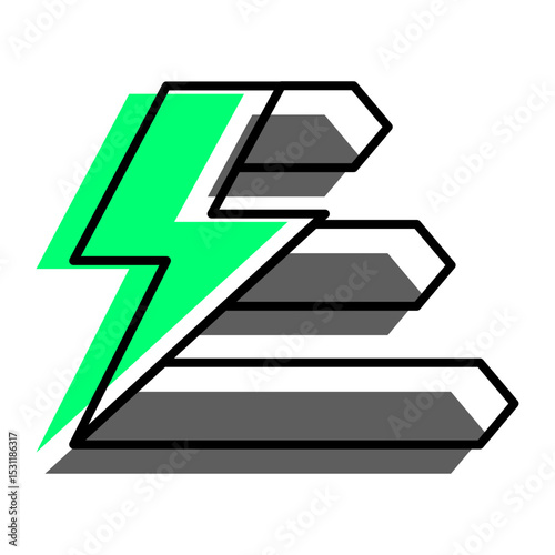 The brightly colored icon is a green lightning bolt on top of a stack of black lines, symbolizing green energy and energy efficiency.
