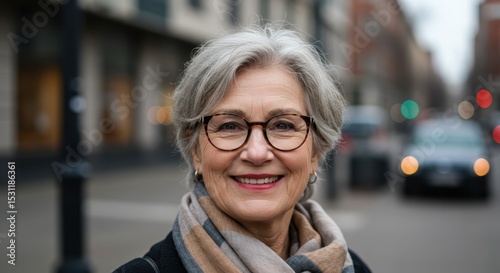 Portrait of a smiling older woman with glasses in a city setting