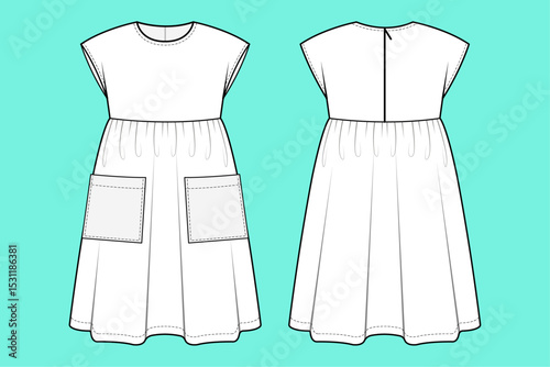 Baby girls crew neck long leg Dress technical drawing fashion flat sketch vector illustration template front and back views outline CAD mockup.