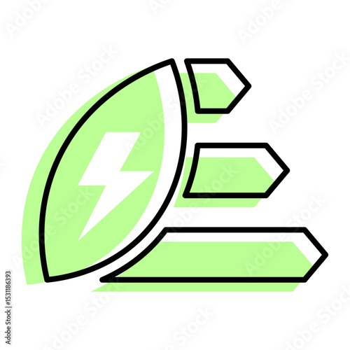 A colored icon featuring a green leaf and an electricity symbol, depicting clean energy, eco-friendly solutions, and energy efficiency.