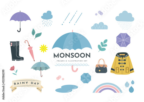A set of illustrations and frames for rainy days and the rainy season umbrellas, accents, decorations, rain gear, weather, rain clouds.