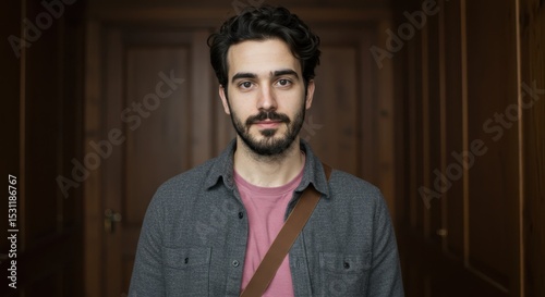 Portrait of a young man with a messenger bag in front of a wooden door