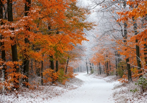 Snowy path through autumn forest with orange leaves and light dusting of snow