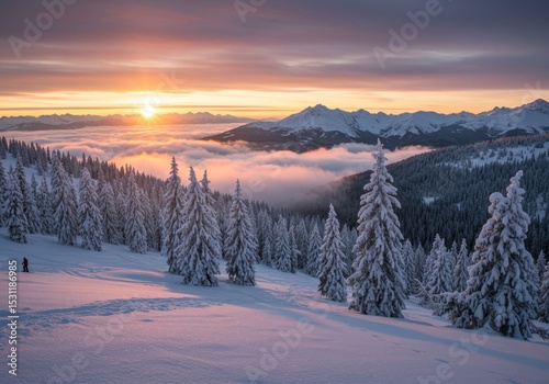 Snow covered trees and skier with mountain range and sunset in the background