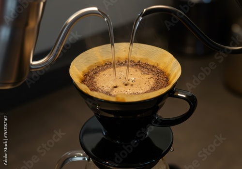Pouring hot water over coffee grounds in a paper filter for a pour over coffee