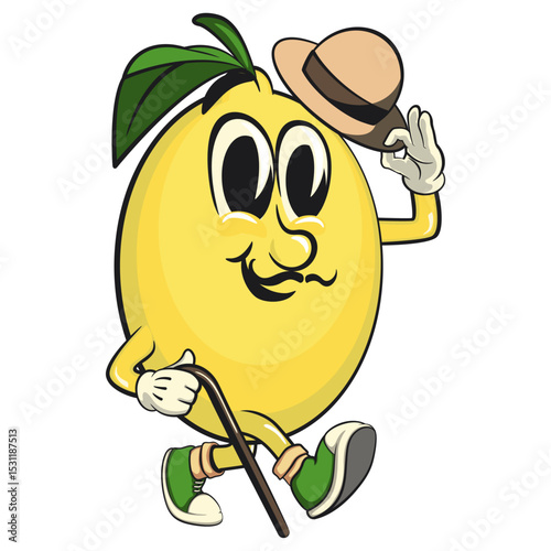 cute lemon mascot cartoon carrying a stick and saluting with raised hat, fun citrus character vector for summer, work of hand drawn