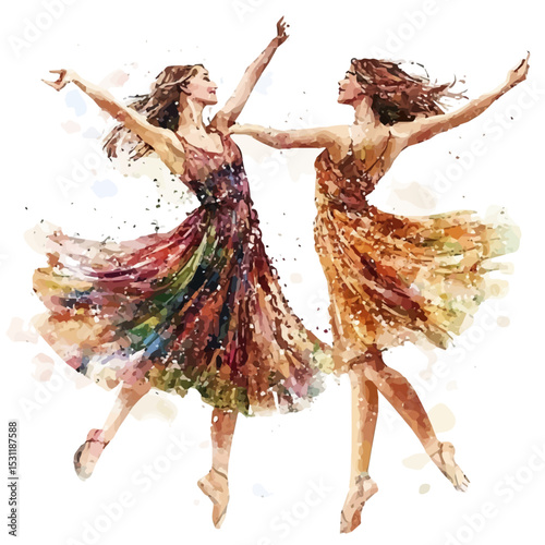 Outdoor Spring Festive Dancers, watercolor painting vector, isolated on a white background.