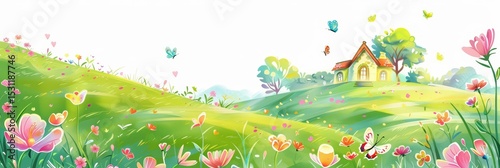 watercolor illustration of spring flowers on the grass, with colorful pastel colors