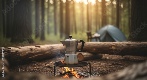 Moka Pot Brewing Coffee Over Campfire in Sunny Forest Morning
