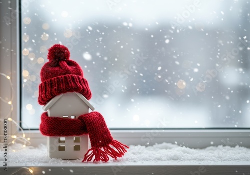 Miniature house wrapped in winter hat and scarf on snowy windowsill