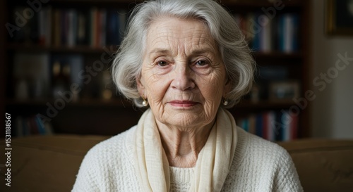 Portrait of a serene older woman with white hair and a gentle expression