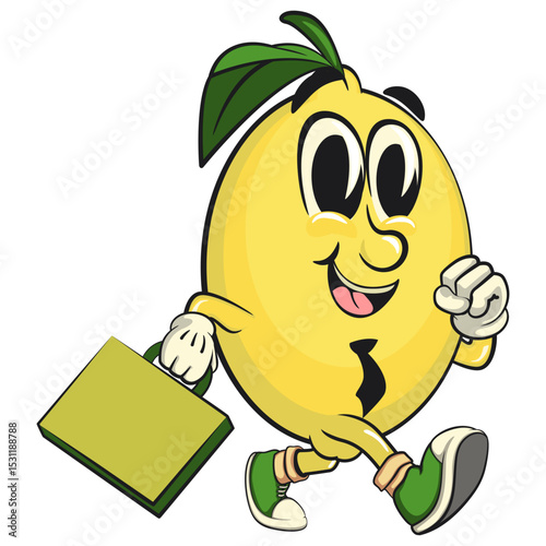 cute lemon mascot cartoon in a suitcase rushing to the office, fun citrus character vector for summer, work of hand drawn