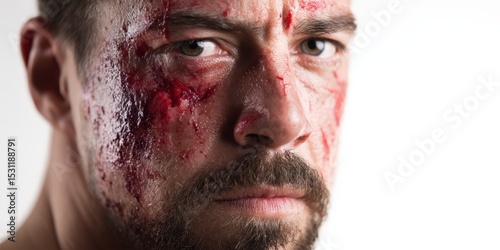 Bloody man face, intense expression. Ideal for film, thriller, or horror projects. Use in websites, blogs, or advertising.