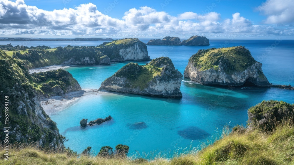 Fototapeta premium Breathtaking Coastal Paradise: Turquoise Waters Embrace Lush Islands