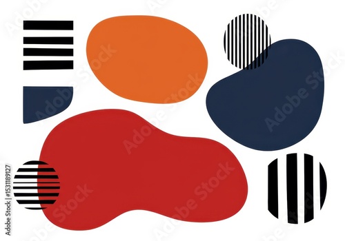Abstract shapes in red, orange, and blue with striped accents on white