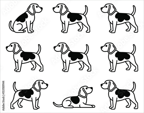Beagle Silhouette Line Icons – Walking, Sitting, Running
