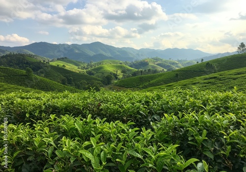 Lush green tea plantation on rolling hills under a cloudy sky in chiang rai