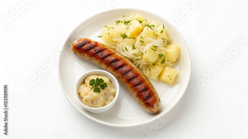 Bratwurst (fried sausage), Potato salad or sauerkraut. White background