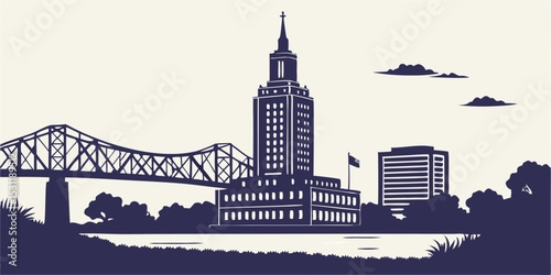 Baton Rouge Skyline Silhouette Vector with Louisiana State Capitol & Mississippi River Bridge