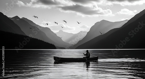 Solitary Paddler Silhouetted on Serene Lake with Flying