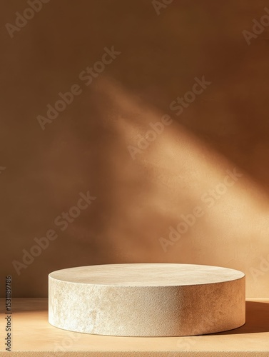 detailed image of Minimalistic simple mock up background with a podium pedestal for products soft orange apricot color high detail 8k