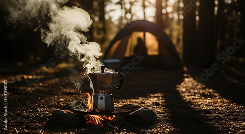Steaming Moka Pot on Campfire with Tent in Forest at Golden Hour