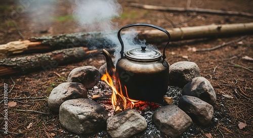 Steaming Kettle on Campfire Surrounded by Stones in Forest Setting