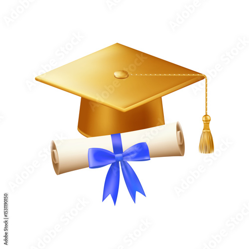 3d diploma scroll with graduate hat. Vintage roll paper