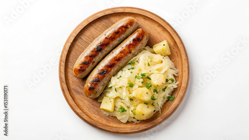 Bratwurst (fried sausage), Potato salad or sauerkraut. White background