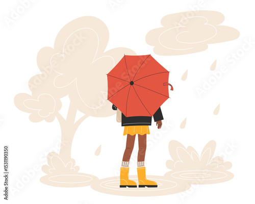 Young Black Woman Walking Away in Rain with Umbrella Wearing Warm Autumn Jacket and Rubber Boots Flat Style Illustration
