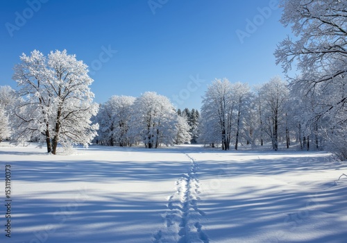 Snow covered trees and footprints in a winter landscape under a blue sky