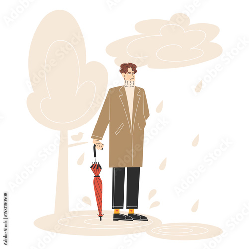 Young Man Walking with Cane Umbrella in Rainy Autumn Park Wearing Warm Business Coat Flat Style Illustration