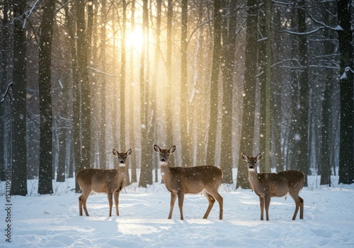 Three deer stand in a snowy forest with falling snow and sunlight