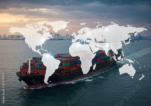Container ship with world map overlay for global logistics and shipping concept
