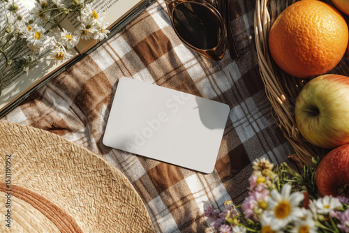 Stylish mockup of a blank card on a picnic blanket surrounded by fruit, flowers, and a book, perfect for showcasing your custom design in a vibrant, summer setting. photo