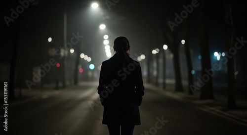 Silhouette of person walking down a dark street at night under streetlights