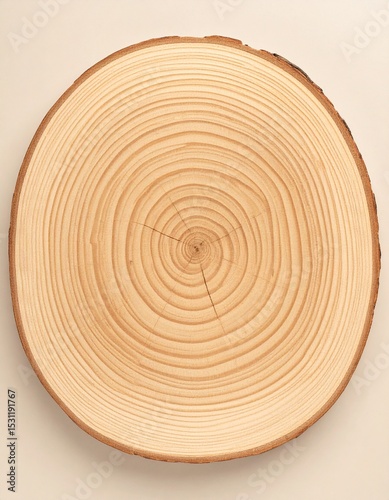 Tree ring cross section with visible growth rings and bark detail on a beige background